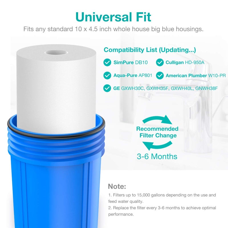 SimPure Sediment Water Filters, 5 Micron 10" x 4.5" Whole House Water Filter Replacement Compatible for W15-PR, DGD-5005, FP15B, HD-950A, GXWH35F, GXWH30C for Well Water, 4 Pack - Image 5
